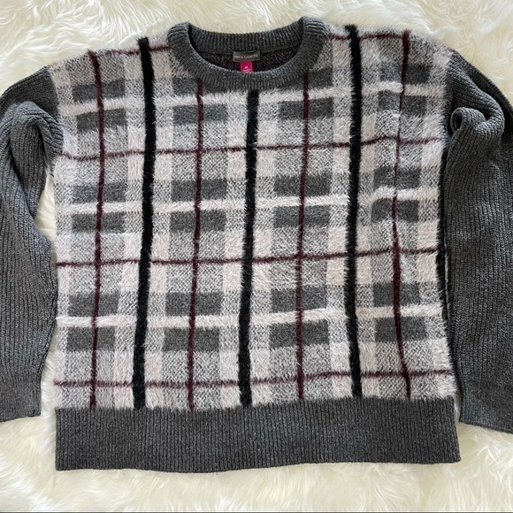 Vince Camuto Plaid Ribbed Trim Crewneck Sweater M - Picture 1 of 9